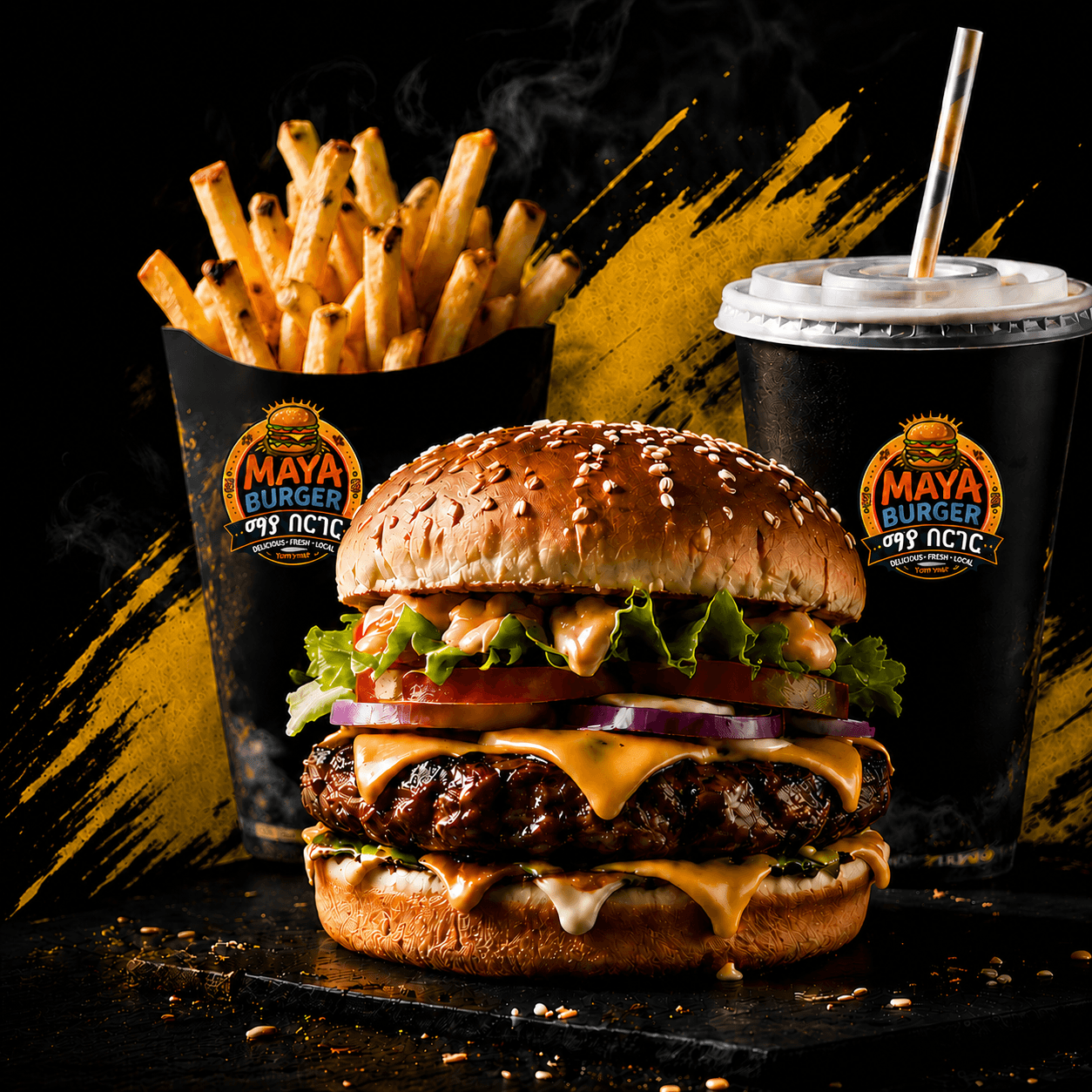Maya Burger with fries and drink