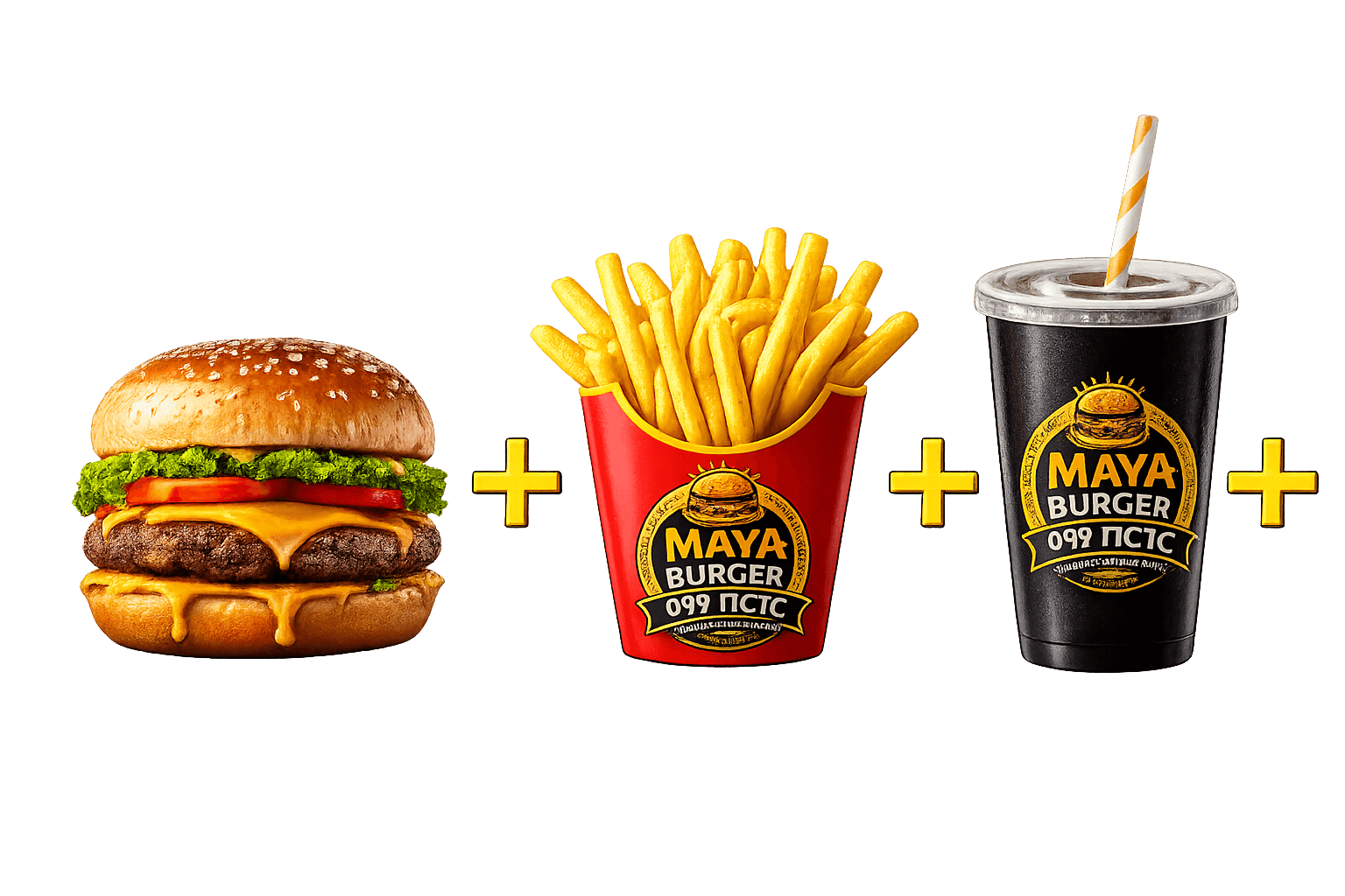 Maya Burger combo with burger, fries and drink